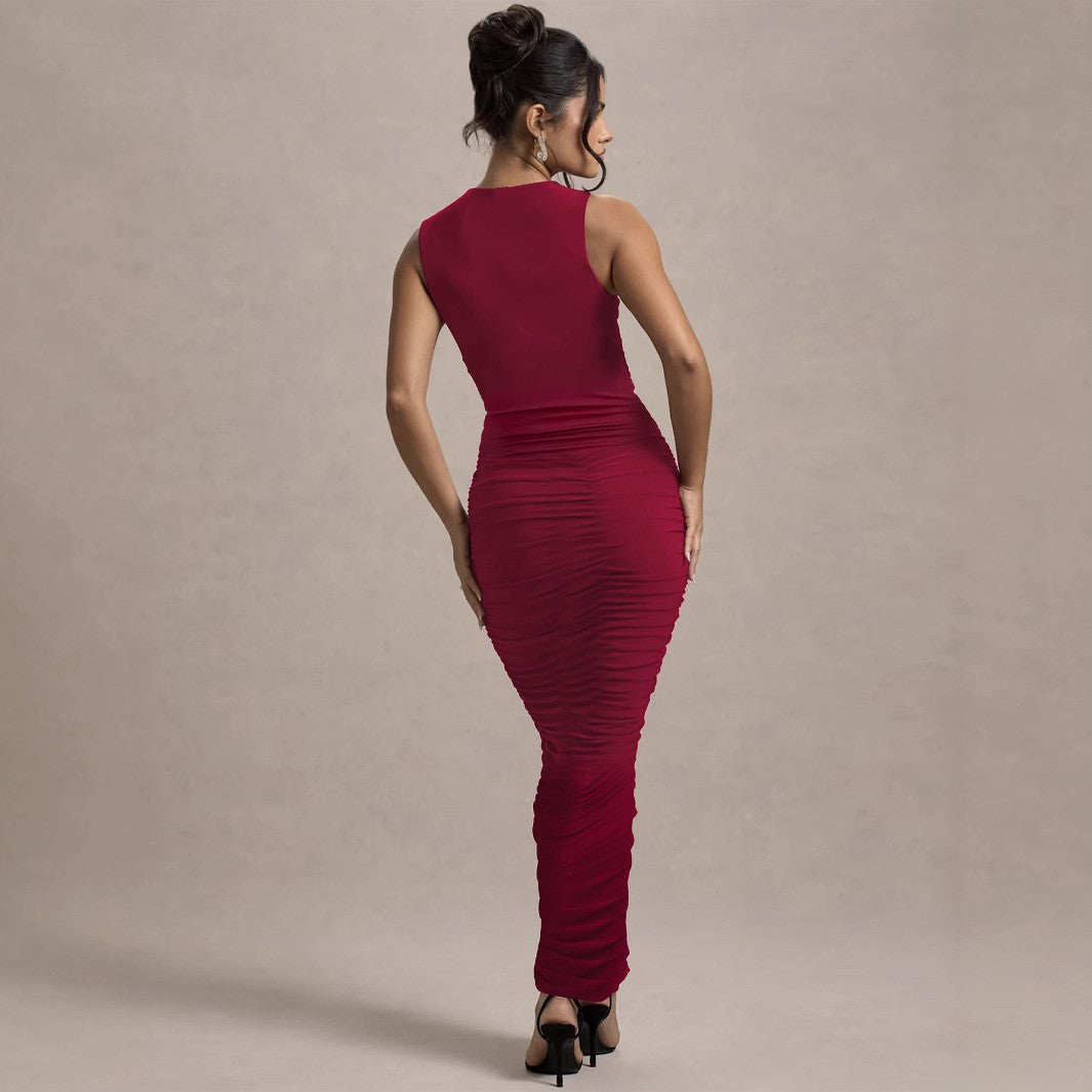 Autumn Winter Women Clothing Elegant Pleated Slim Sleeveless round Neck Sheath Dress