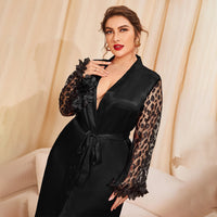 Plus Size Silk Pajamas Women Summer Sexy Lace Kimono Pajamas Loose Casual Nightgown