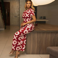 Women Clothing Printed Skirt Set Round Neck Short Sleeve Top Skirt Two Piece Suit Suits