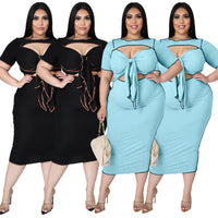 Plus Size Women Solid Color Reverse Side Hollow Out Cutout out Strap Dress