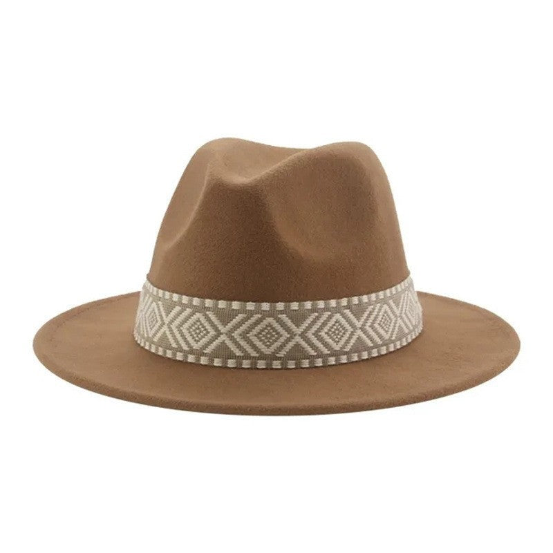 [Minimum order quantity is 2 pieces]Wide Brim Woolen Hat Jazz Flat Brim Woolen Hat Geometric Abstract Square Ribbon Felt Cap Retro Tibetan