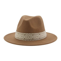 [Minimum order quantity is 2 pieces]Wide Brim Woolen Hat Jazz Flat Brim Woolen Hat Geometric Abstract Square Ribbon Felt Cap Retro Tibetan