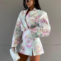 Loose Skirt Two Piece Set Long Sleeve Collared Top Printed High Waist Skirt Sets