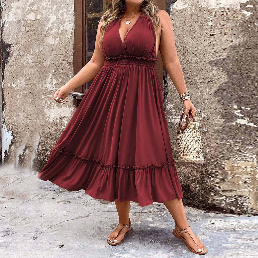 Plus Size Women Roman Vacation Dress Summer V neck Halter Midi Dress