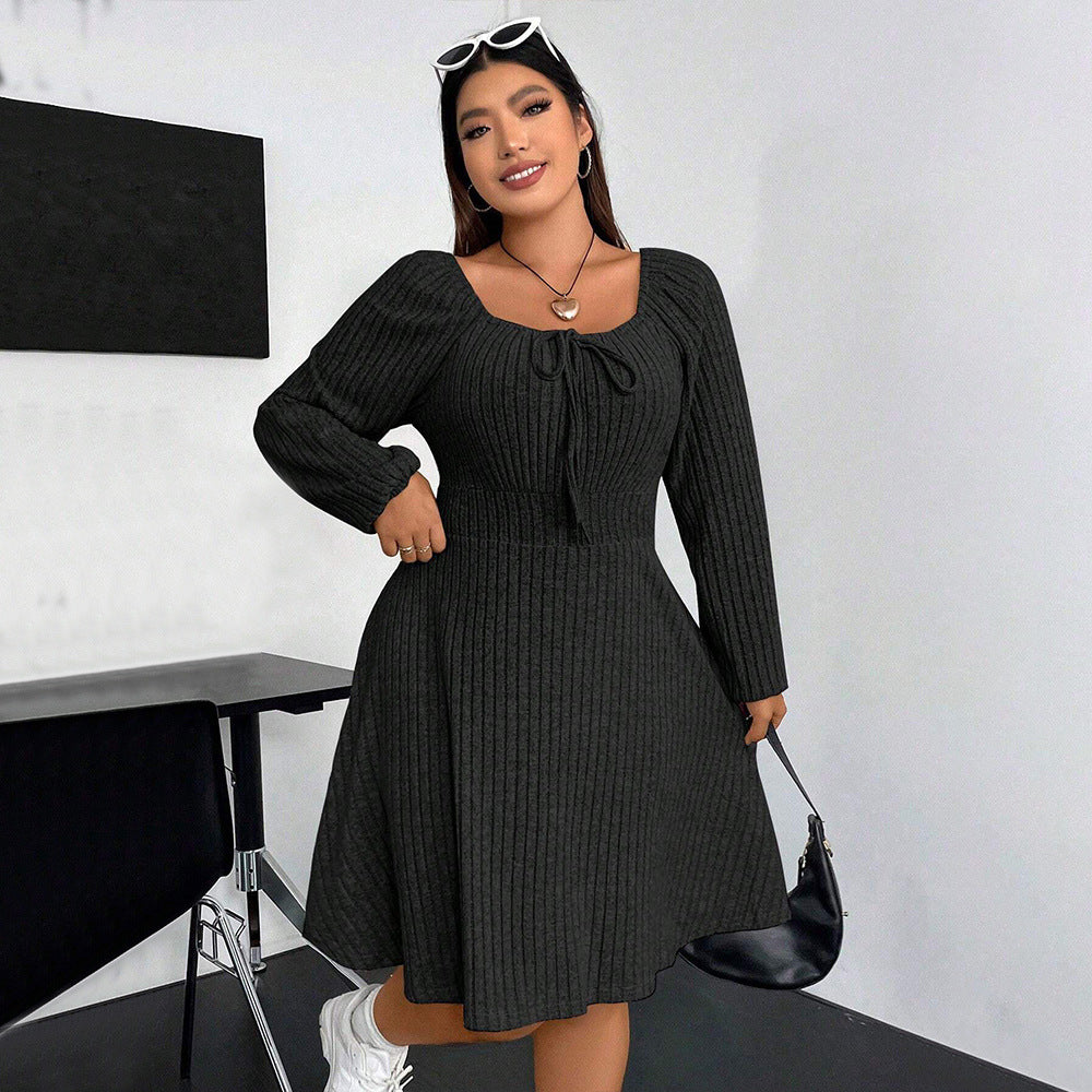 Plus Size Autumn Winter Women Clothing Square Collar Long Sleeve Waist Mini Fleece Sunken Stripe Dress