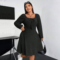 Plus Size Autumn Winter Women Clothing Square Collar Long Sleeve Waist Mini Fleece Sunken Stripe Dress
