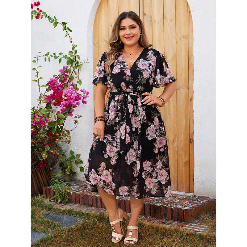 Plus Size V neck Dress Summer Floating Sleeve Tight Waist Floral Large Swing Dress