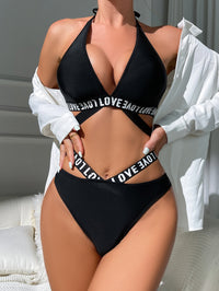 Sexy Hollow Out Cutout Backless Letter Graphic Strap Three Point Sexy Lingerie Set