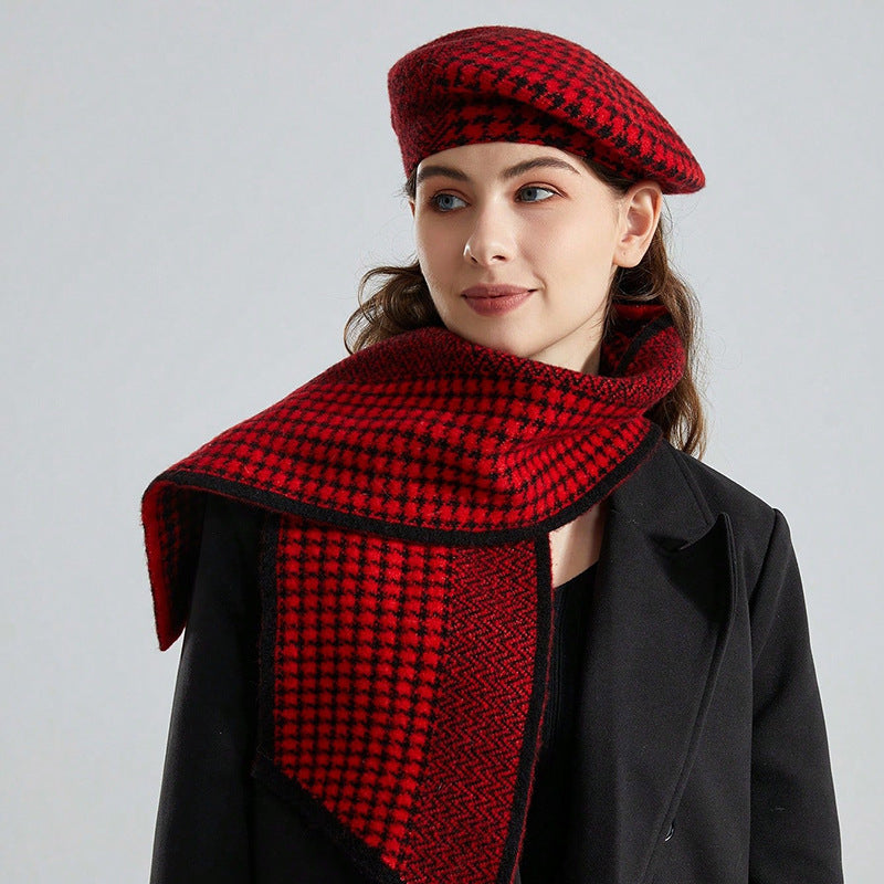 Chessboard Plaid Autumn Winter Knitting Beret Women Retro Flat Top Brimless Painter Hat