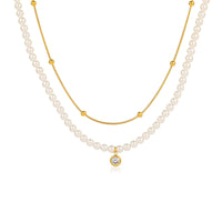 All Match Pearl Double Chain Inlaid Zircon Titanium Steel Necklace 18K Stainless Steel Clavicle Chain Accessories