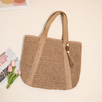 Women Solid Color Woven Bag Large Capacity Shoulder Straw Bag Vacation Beach Bag Women Bag