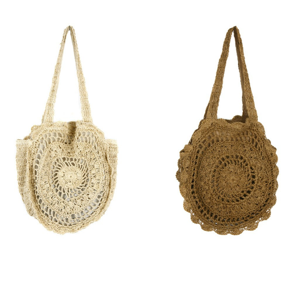 Floral Shoulder Bag round Large Capacity Hollow Out Cutout Straw Bag Straw Bag Woven Bag Vacation Beach Bag