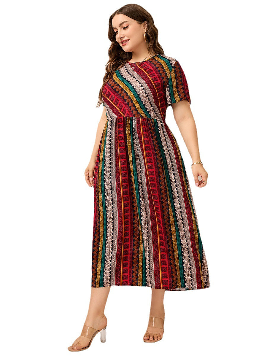 Plus Size Ladies Women round Neck Twill Stitching Casual Printed Short Sleeves Dress
