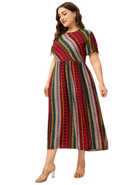 Plus Size Ladies Women round Neck Twill Stitching Casual Printed Short Sleeves Dress