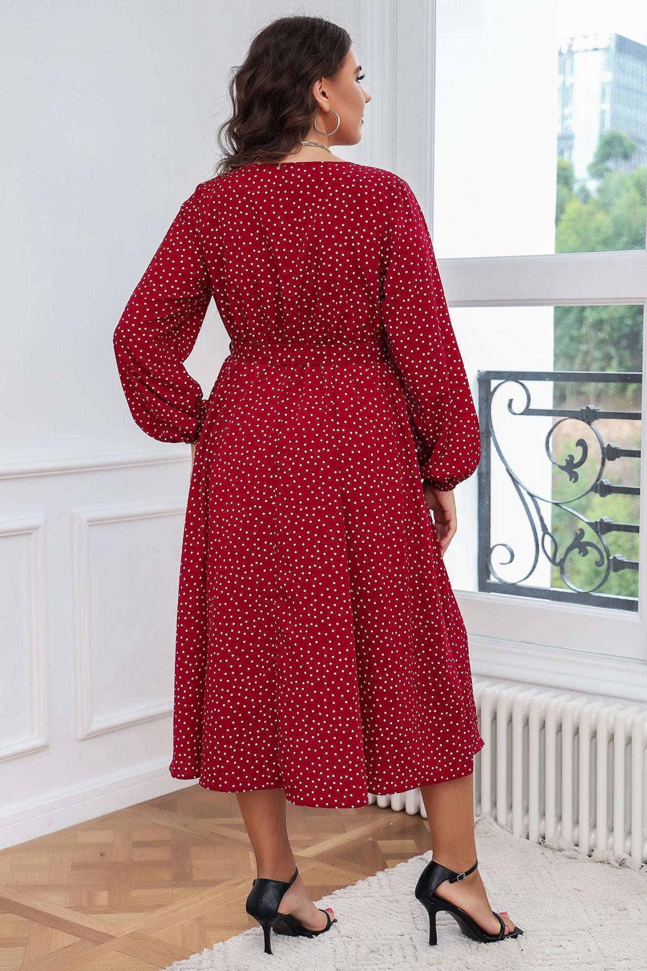 Plus Size Swing Artistic Red Dress Cotton Office Polka Dot Long Sleeve Women Clothing