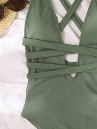 Swimwear Solid Color V-neck Bandage Lace-up One-Piece Backless Sexy Bikini Swimsuit