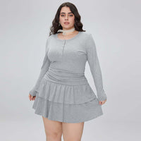 Plus Size Autumn Winter Women round Neck Dress Minimalist Long Sleeve A line Dress