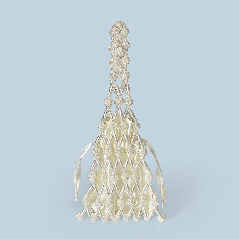 Korean Pearl Handmade Hollow Out Cutout Bag Fishnet Women Handbag Casual Geometric Abstract Clutch