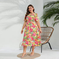Plus Size Western off Neck Dress Elegant Floral Midi Dress Tight Waist Dress