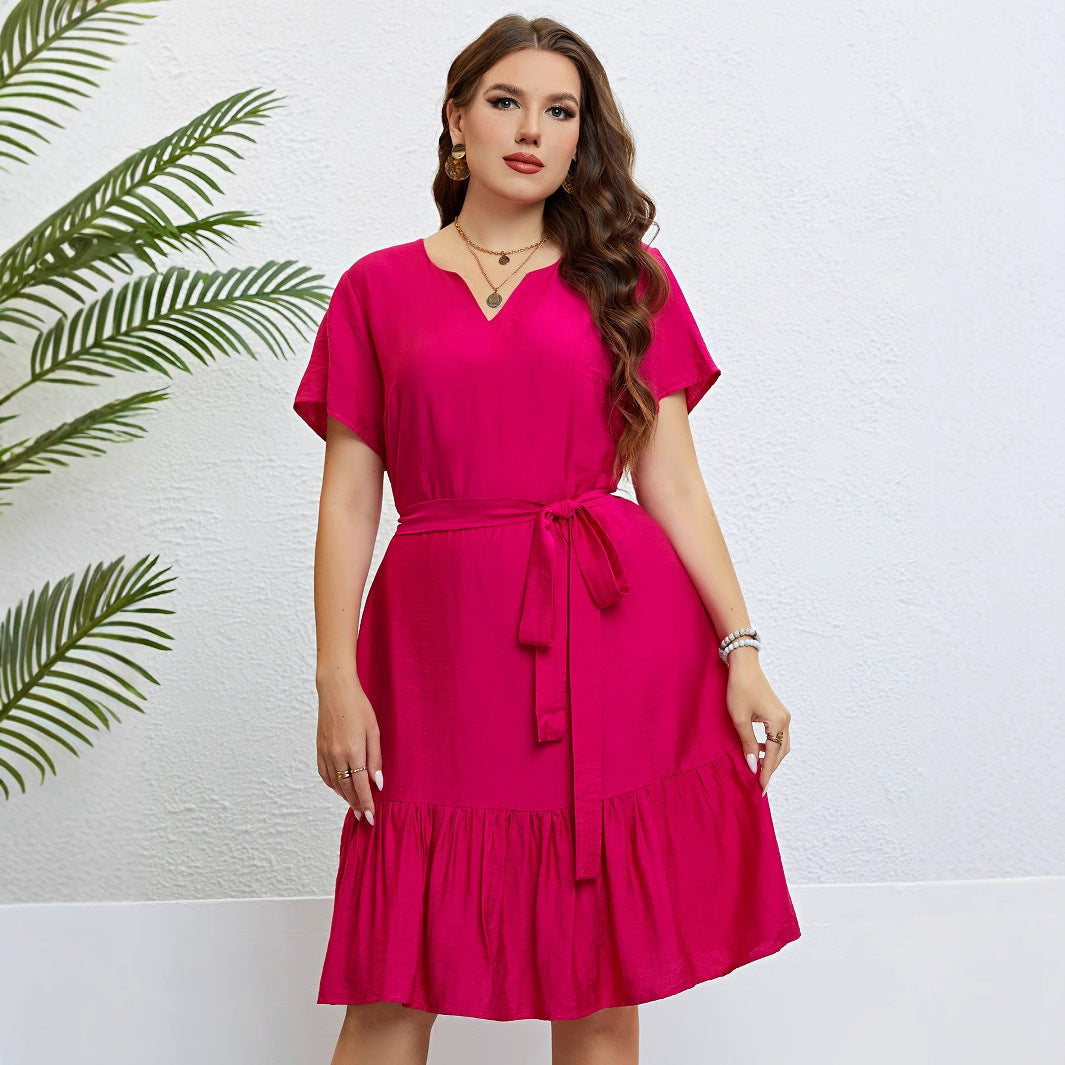 Plus Size Women Clothing Slimming Loose Short Sleeve Dress