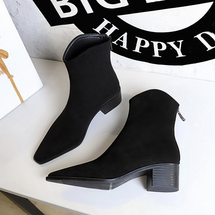 Fashionable Simple Winter All Matching Chunky Heel Mid Heel Pointed Toe Suede Short Boots Short Women Boots