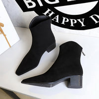 Fashionable Simple Winter All Matching Chunky Heel Mid Heel Pointed Toe Suede Short Boots Short Women Boots