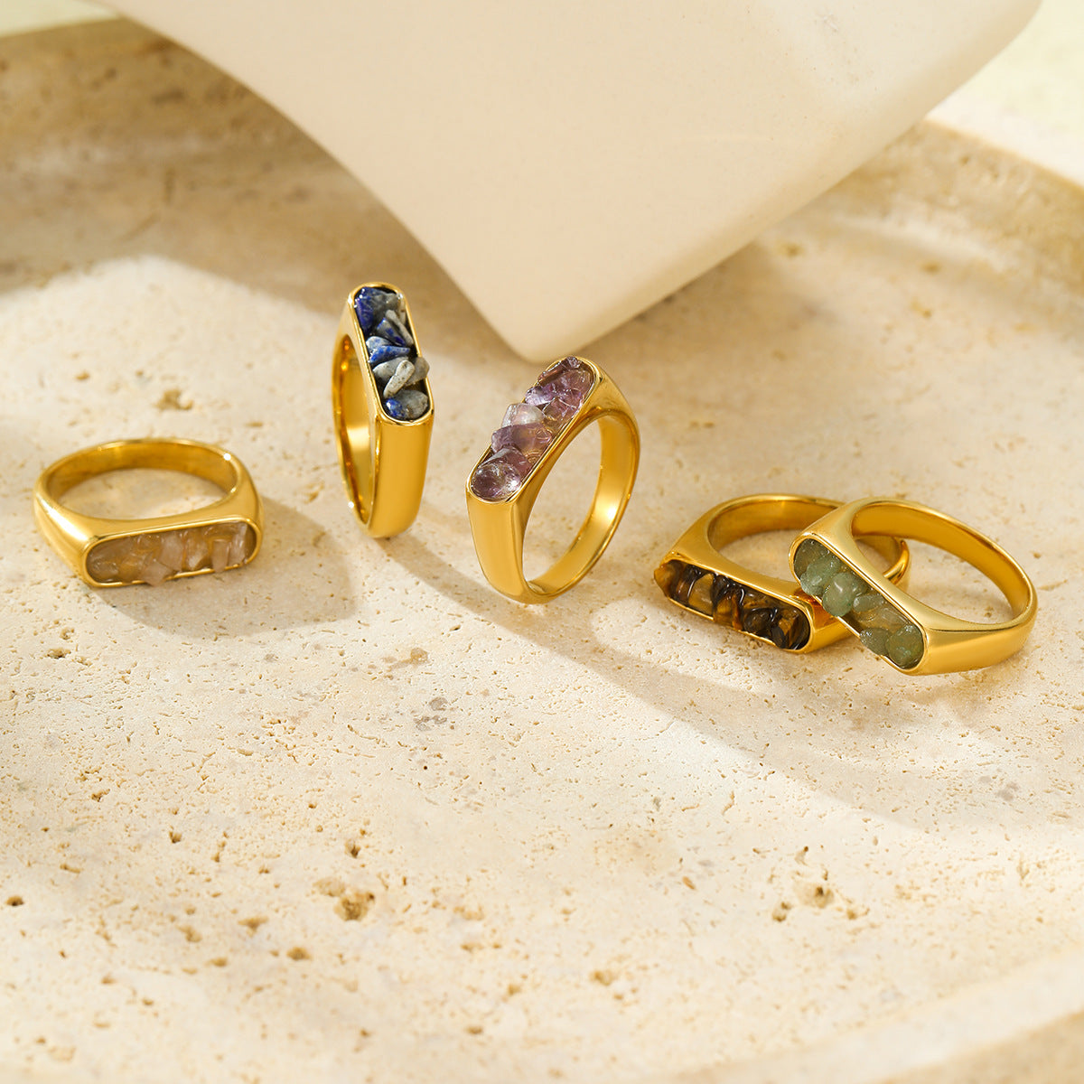 French Vintage Simple Inlaid Natural Stone Exquisite Elegant Stainless Steel Ring Rings All Match Jewelry Women