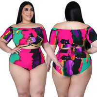 Plus Size Women Sexy Print Strap off-Shoulder Swimsuit Suit