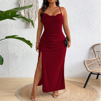 plus Size Women Elegant Socialite Red Dress Autumn Winter High Waist Halter Dress