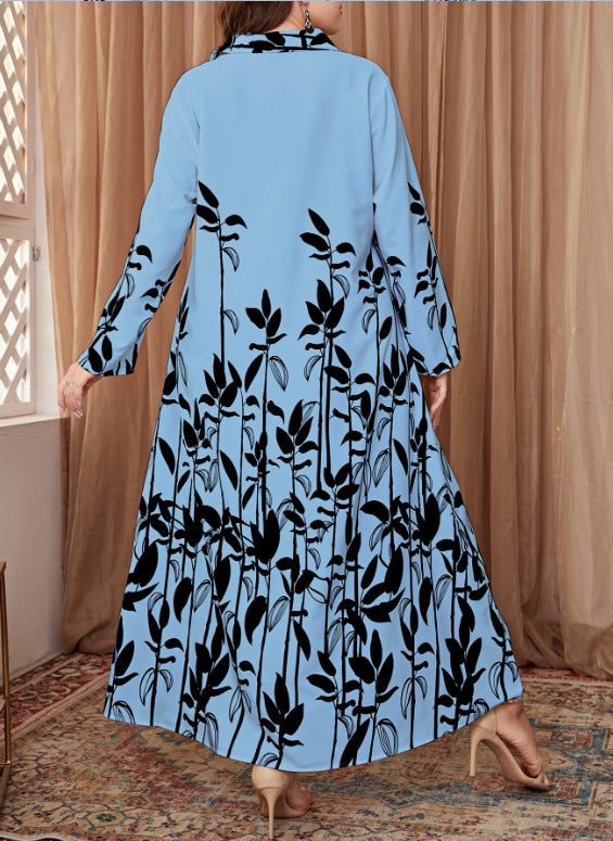 Loose Retro Colorful Shirt Collar Office Literary Floral Printing Dress Shirt Jumpsuit