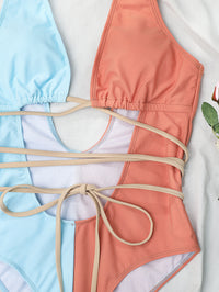 Color Matching Waist Hollow Out Cutout out Tied One-Piece Backless Sexy Bikini Swimsuit Swimwear Women