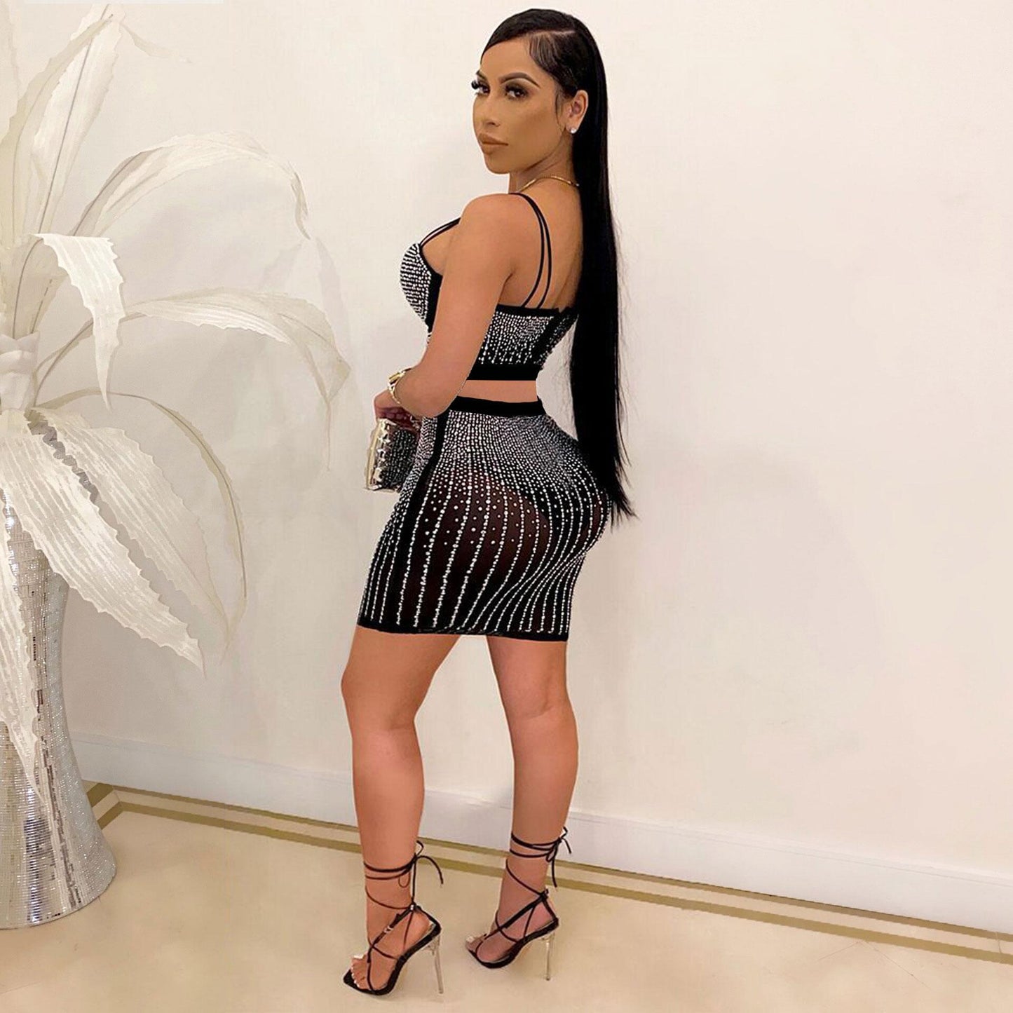 Diamond Wrapped Chest Strap Two Piece Set Two Color Nightclub Uniforms