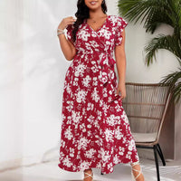 Plus Size Summer V Neck Belt Red Dress