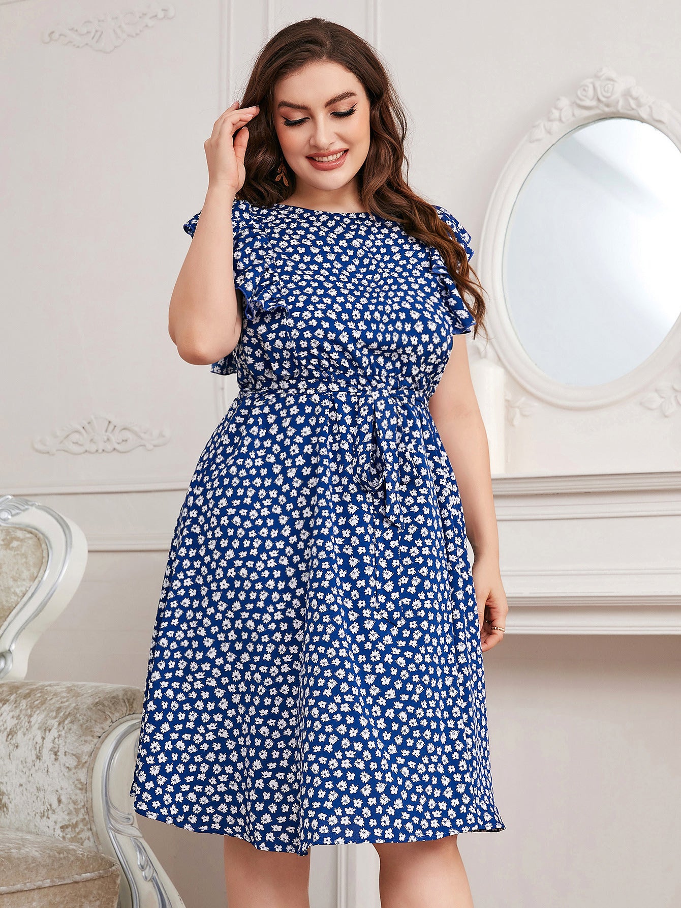 Plus Size Autumn Neck Office Printed Blue Chiffon Dress Expose Clavicle Short Vest Puls Size