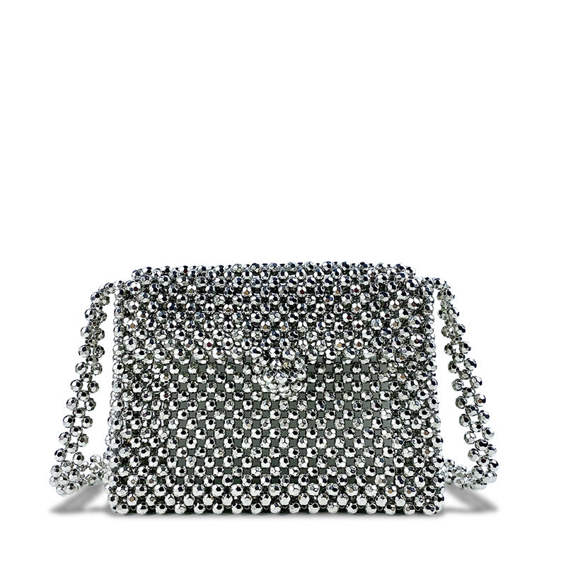Retro Silver Metallic Shiny Hand Woven Beads Pearl Flap Small Square Bag Crossbody Bag