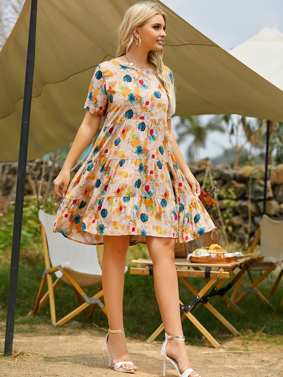 Plus Size Summer Casual round Neck Short Sleeves Printed Multi-Layer Stitching Big Swing Dress Dress