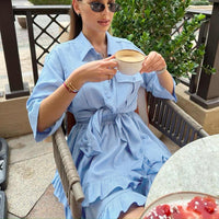 Collared Shirt Elegant Ruffle Tiered Skirt Short Sleeved Shirt Two Piece Set for Women