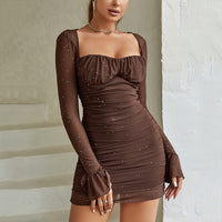 Mesh Long Sleeve Dress Sexy See through Steel Ring Sequined Square Collar Backless Dress