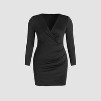 Plus Size Autumn Winter Women Clothing French V neck Dress High Waist Long Sleeves Hip Dress