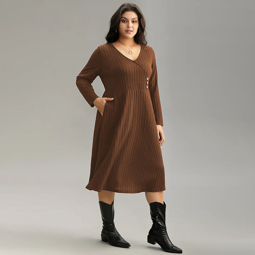 Plus Size Women Simple V Neck Dress Autumn Winter All Match Office Wind Dress