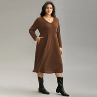 Plus Size Women Simple V Neck Dress Autumn Winter All Match Office Wind Dress