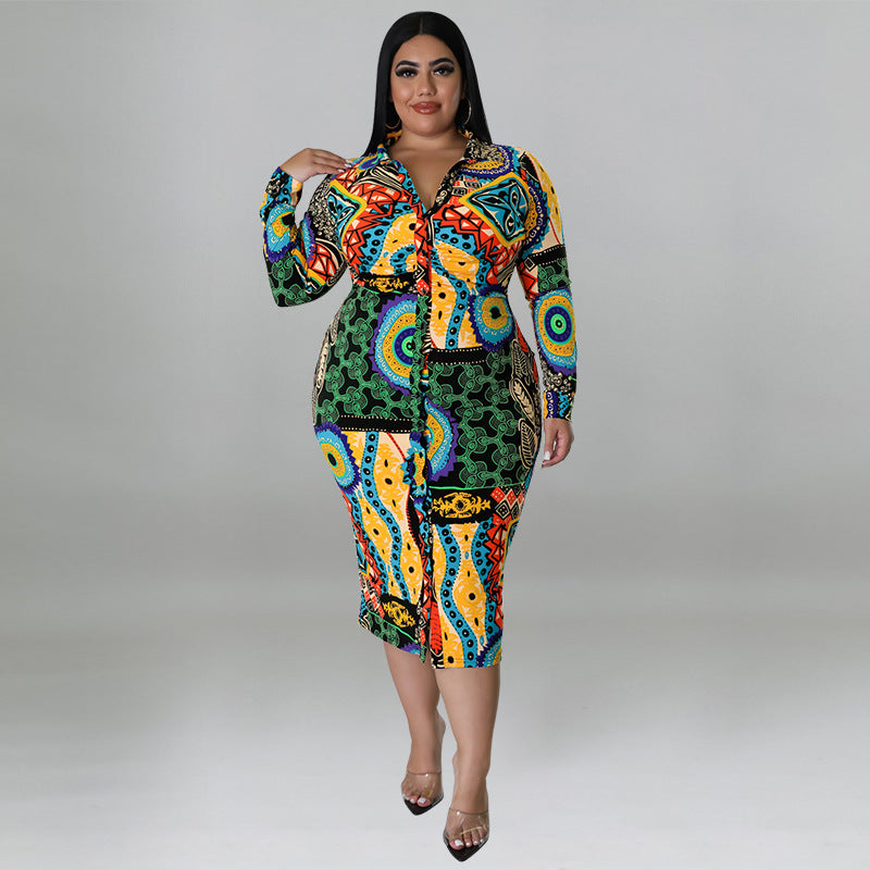 plus Size Women Clothes Long Sleeve Dress Printed Multi Color Casual Sexy Shirt Dress