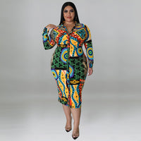 plus Size Women Clothes Long Sleeve Dress Printed Multi Color Casual Sexy Shirt Dress