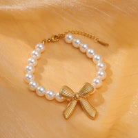Elegant Titanium Steel Bow Pearl Bracelet Women Arrival 18K Vacuum Gold Plated Stainless Steel Bracelet