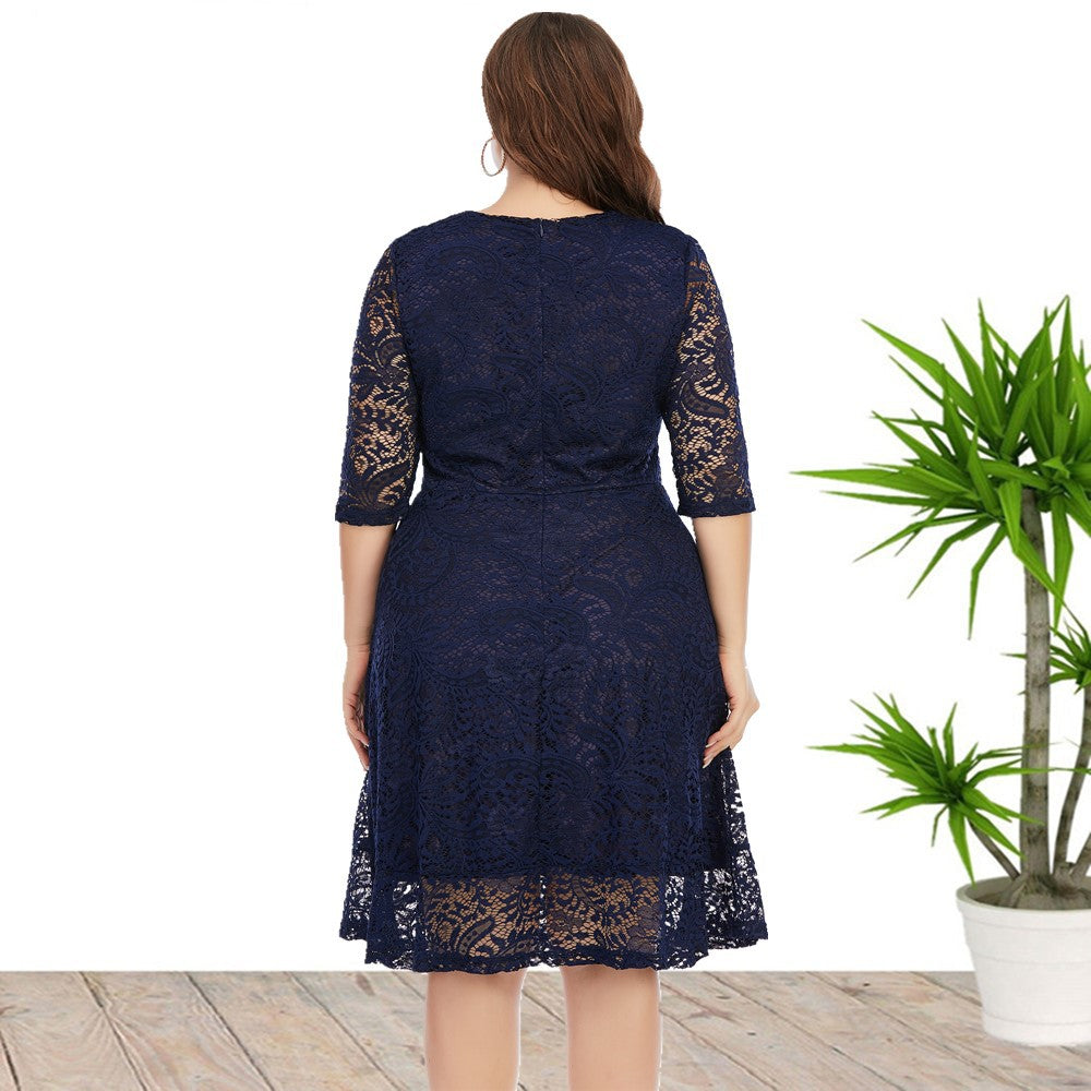Plus Size Spring Summer Women Clothes round Neck Lace Dress Mid-Length Formal Dress