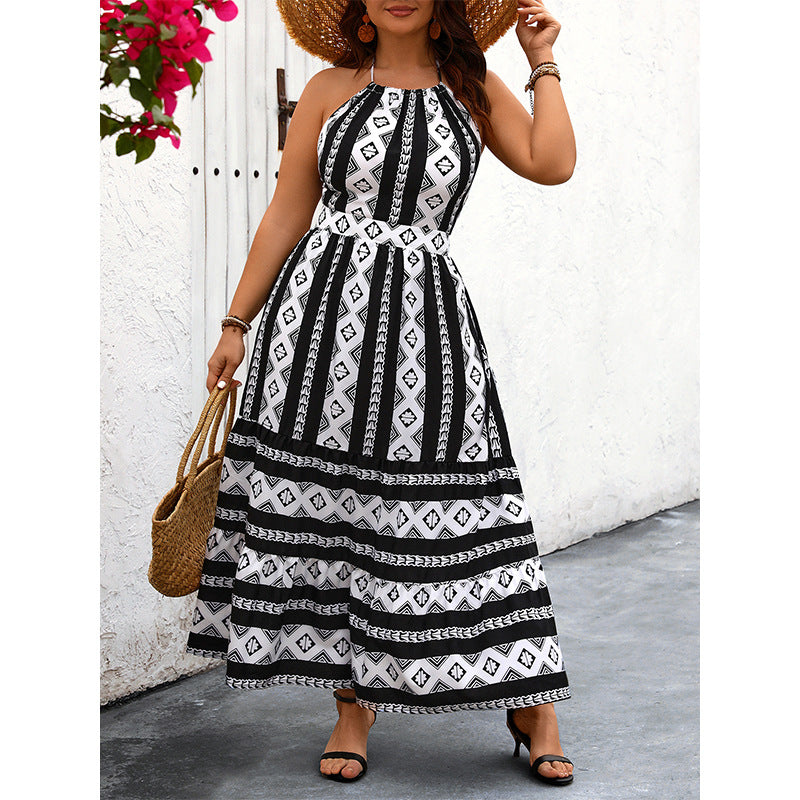 Plus Size Halter Sleeveless Printed Dress Vacation Bare Back Sexy Maxi Dress Women