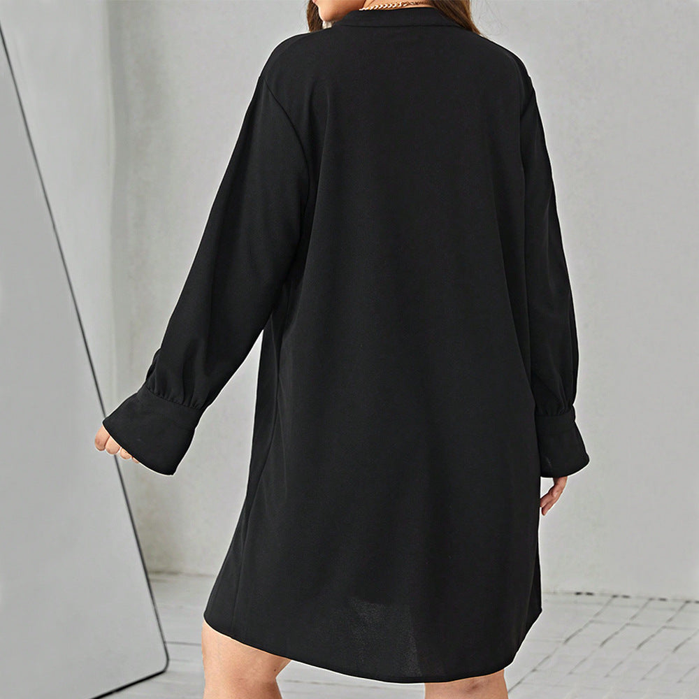 Plus Size Women Clothes Autumn Winter V Neck Solid Color Long Sleeve Loose Casual Dress