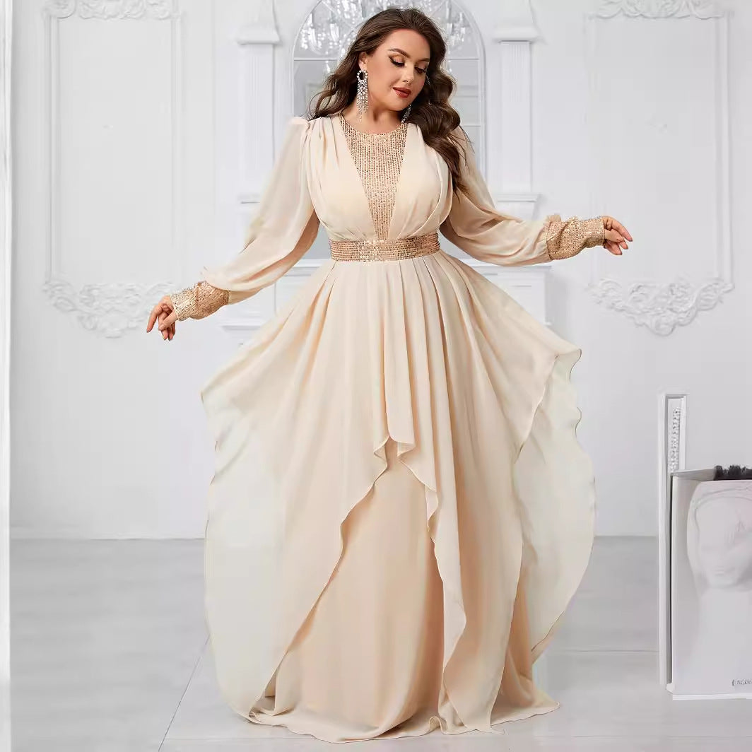 Plus Size Chiffon Stitching Sequined Lantern Sleeve Irregular Asymmetric Ruffles Elegant Party Dress