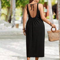 Plus Size Women Clothing Simple Office Seaside Holiday Big Backless Lace Up Dress Women