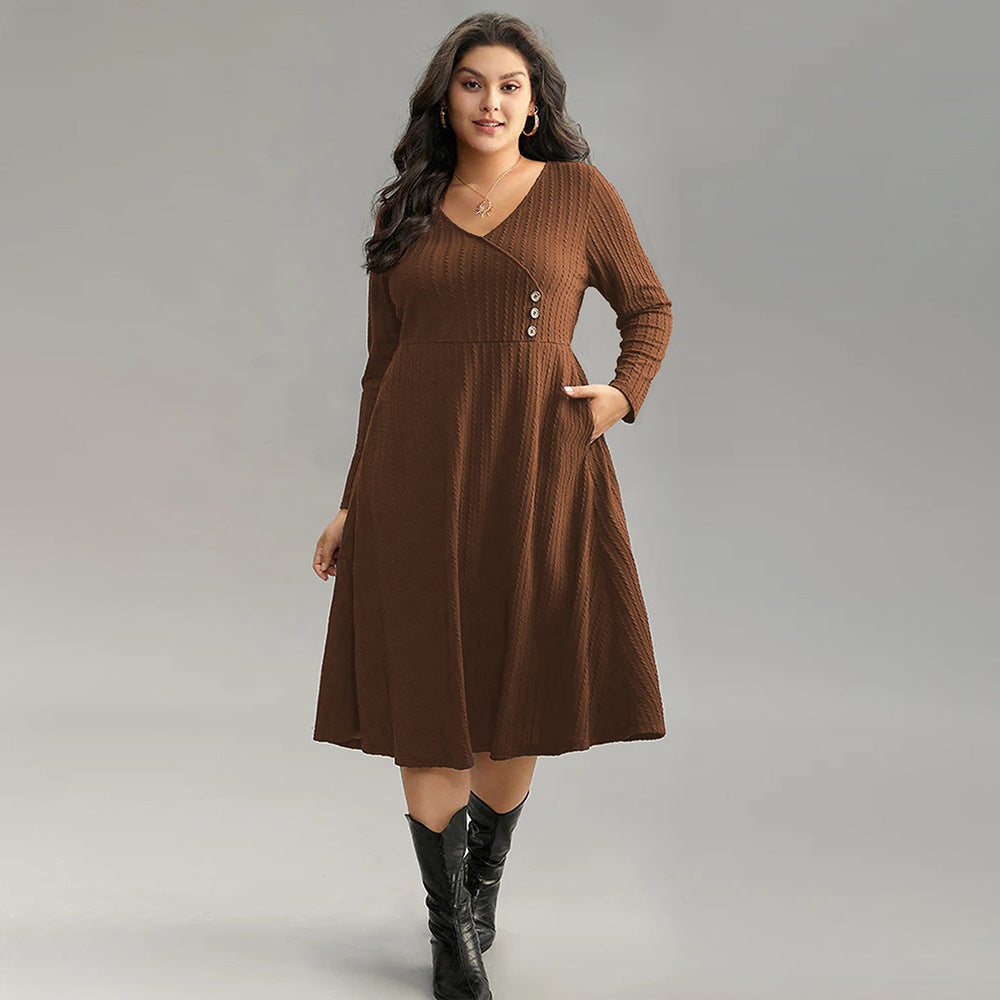 Plus Size Women Simple V Neck Dress Autumn Winter All Match Office Wind Dress